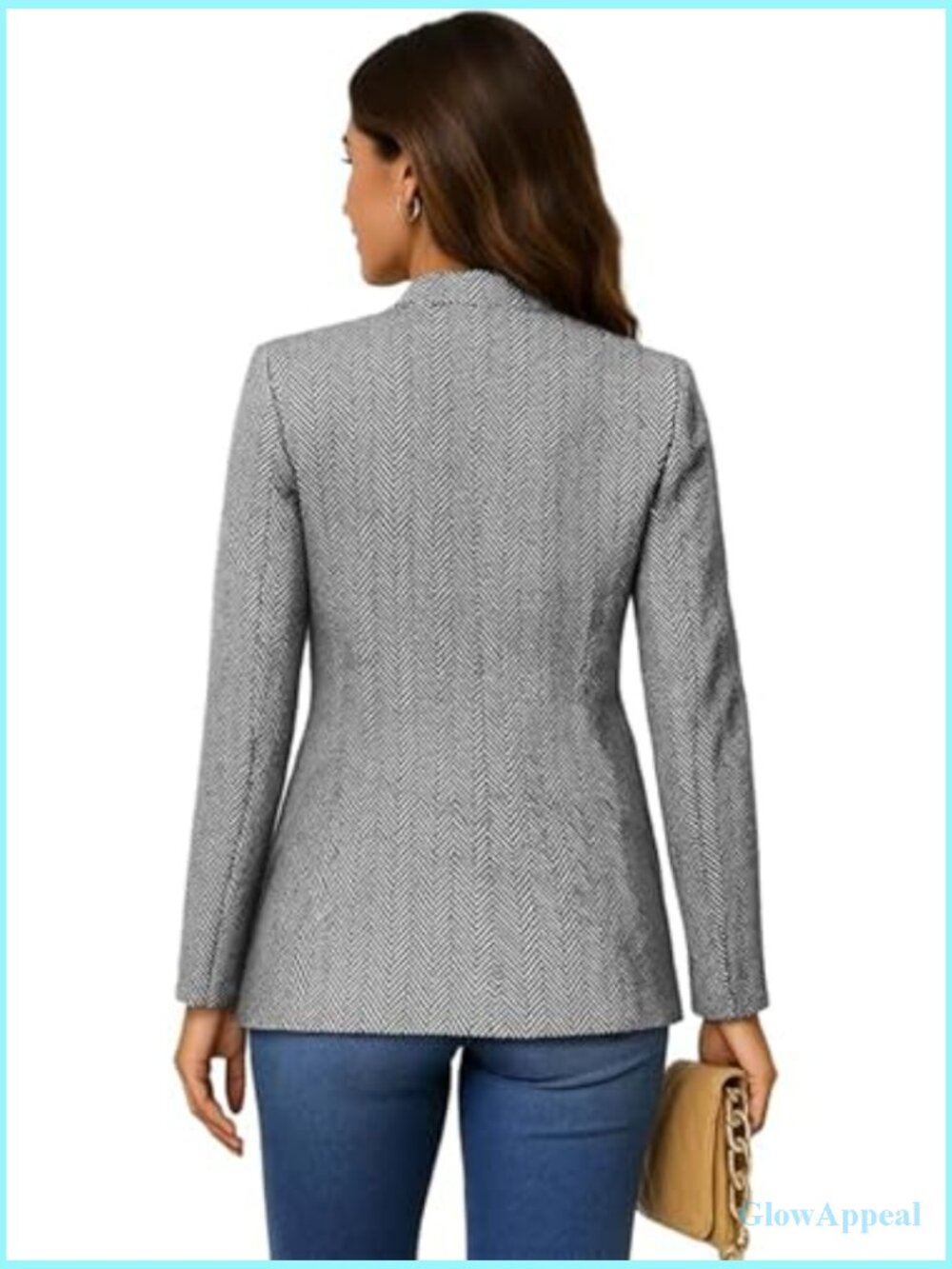 Women's Herringbone Tweed Blazer Jacket Slim Fit Notch Collar Work Casual - Picture 2 of 7